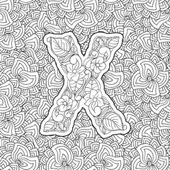 Fototapeta na wymiar Coloring Book Floral Ornamental Alphabet, Initial Letter X Font. Vector Typography Symbol. Antistress Page for Adults and Monograms Isolated Ornament Design on Patterned Background