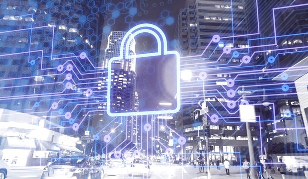 Digital lock icon and city background, concept of data security