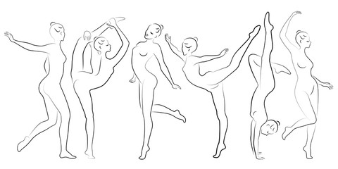 Collection. Silhouette of slender lady. Girl gymnast. The woman is flexible and graceful. She is jumping. Graphic image. Vector illustration set