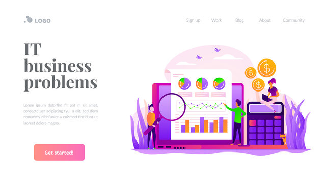 Marketing strategy and data analysis. Marketers analyzing infographics. Identify business needs, determine solutions, IT business problems concept. Website homepage header landing web page template.