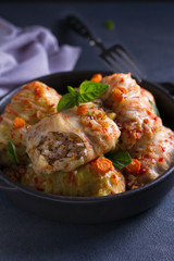 Stuffed cabbage leaves with meat, rice and vegetables. Chou farci, dolma, sarma, sarmale, golubtsy or golabki - popular dish in many countries
