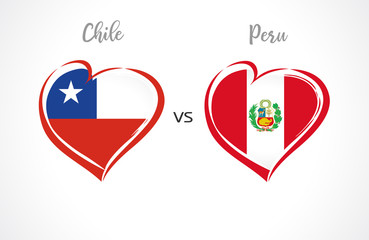 Chile vs Peru, national team flags on white background. Chilean and Peruvian flag in heart shape, logo vector. Football championship cup of South America 2019