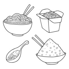 Set of four outline illustrations or icons of the chinese food. 
