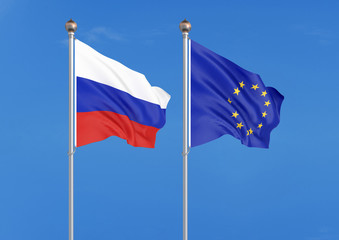 Russia vs European Union. Thick colored silky flags of Russia and European Union. 3D illustration on sky background. – Illustration