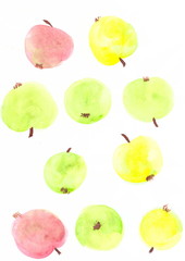 Drawing with watercolors: abstraction - green, yellow, red apples.