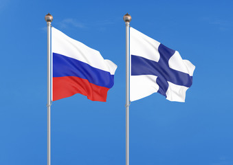 Russia vs Finland. Thick colored silky flags of Russia and Finland. 3D illustration on sky background. – Illustration