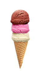 strawberry, vanilla and chocolate ice cream scoops with cone isolated on white background