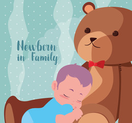 newborn in family card with baby boy sleeping and teddy bear