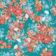 Obraz premium Seamless pattern clear shaped flowers mixed bouguet. Simple flowers in bouguets