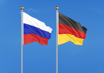 Fototapeta na wymiar Russia vs Germany. Thick colored silky flags of Russia and France. 3D illustration on sky background. – Illustration