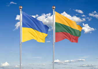 Ukraine vs Lithuania. Thick colored silky flags of Ukraine and Lithuania. 3D illustration on sky background. – Illustration