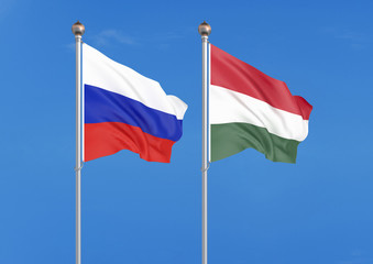 Fototapeta na wymiar Russia vs Hungary. Thick colored silky flags of Russia and Hungary. 3D illustration on sky background. – Illustration