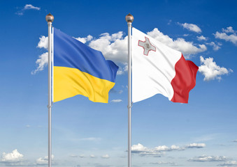 Ukraine vs Malta. Thick colored silky flags of Ukraine and Malta. 3D illustration on sky background. – Illustration