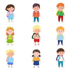 Set of different cute and happy school kids with backpacks
