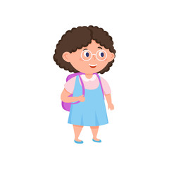 Cute smiling school girl with eyeglasses and pink backpack