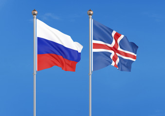 Fototapeta na wymiar Russia vs Iceland. Thick colored silky flags of Russia and Iceland. 3D illustration on sky background. – Illustration
