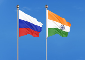 Russia vs India. Thick colored silky flags of Russia and India. 3D illustration on sky background. – Illustration