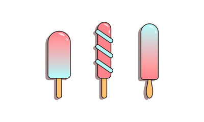 Ice cream vector illustration. Three popsicle ice creams coloured in bright gradient colors. Flat outline style isolated on white background. Summer concept.