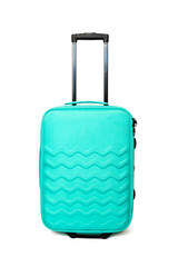 Bright turquoise travel suitcase isolated on white background with clipping path
