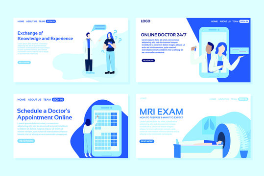 Medical web page concepts. Web page design templates set of learning, online doctor, online appointment, MRI exam. Modern vector illustration designs for website development