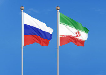 Russia vs Iran. Thick colored silky flags of Russia and Iran. 3D illustration on sky background. – Illustration