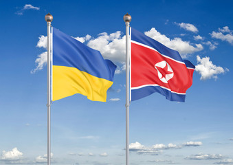 Ukraine vs North Korea. Thick colored silky flags of Ukraine and North Korea. 3D illustration on sky background. – Illustration