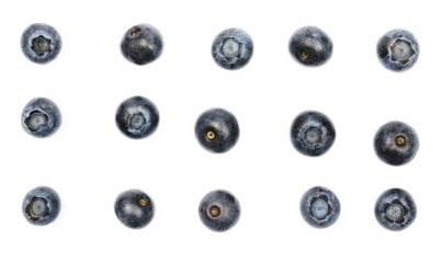 Blueberries set macro isolated on white background, top view