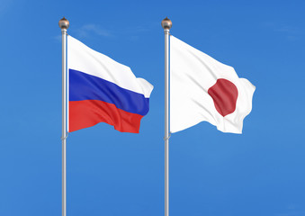 Russia vs Japan. Thick colored silky flags of Russia and Japan. 3D illustration on sky background. – Illustration