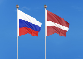 Russia vs Latvia. Thick colored silky flags of Russia and Latvia. 3D illustration on sky background. – Illustration