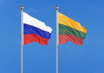 Russia vs Lithuania. Thick colored silky flags of Russia and Lithuania. 3D illustration on sky background. – Illustration
