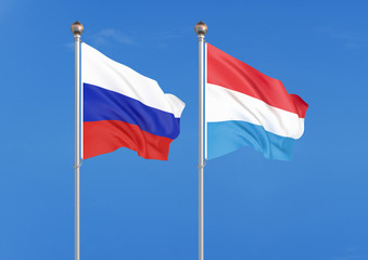 Russia vs Luxembourg. Thick colored silky flags of Russia and Luxembourg. 3D illustration on sky background. – Illustration