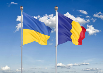 Ukraine vs Romania. Thick colored silky flags of Ukraine and Romania. 3D illustration on sky background. – Illustration