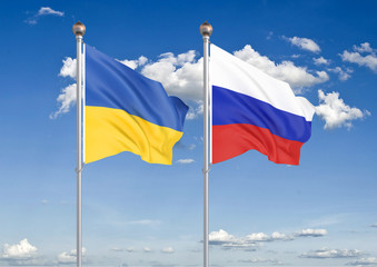 Ukraine vs Russia. Thick colored silky flags of Ukraine and Russia. 3D illustration on sky background. – Illustration