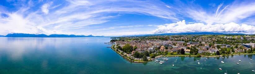 Panoramic aerial view of Morges city waterfront in the border of the Leman Lake in  Switzerland