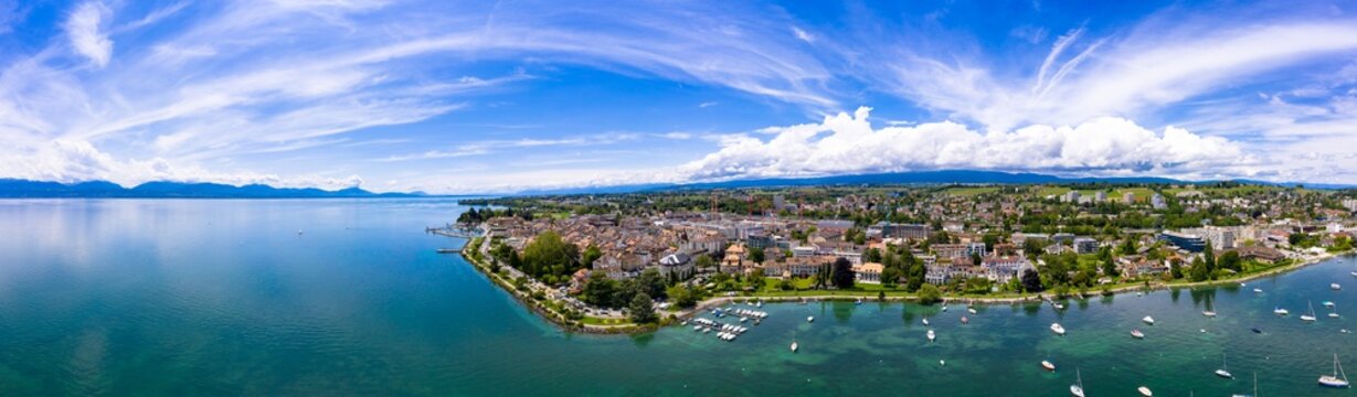 Panoramic aerial view of Morges city waterfront in the border of the Leman Lake in  Switzerland