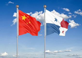 China vs Panama. Thick colored silky flags of European Union and Uruguay. 3D illustration on sky background. – Illustration