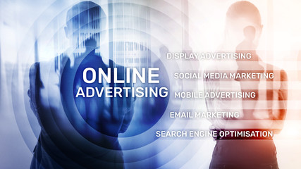 Online advertising, Digital marketing. Business and finance concept on virtual screen.