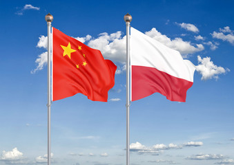 China vs Poland. Thick colored silky flags of European Union and Belgium. 3D illustration on sky background. – Illustration