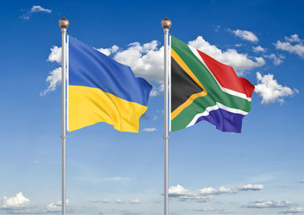 Ukraine vs South Africa. Thick colored silky flags of Ukraine and South Africa. 3D illustration on sky background. – Illustration