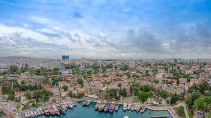 View of the old Antalya from the height of the drone or bird's-eye view. This is the area of the old town and the old harbor.