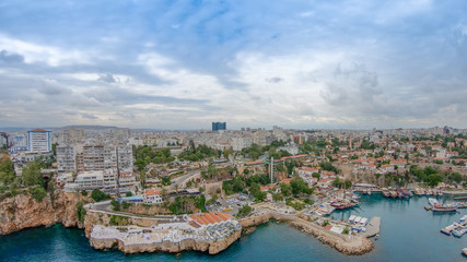 Naklejka premium View of the old Antalya from the height of the drone or bird's-eye view. This is the area of the old town and the old harbor.