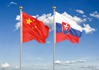 China vs Slovakia. Thick colored silky flags of European Union and Belgium. 3D illustration on sky background. – Illustration