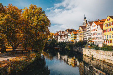 Tuebingen in the Stuttgart city ,Germany Colorful house in riverside and blue sky. Beautiful old...