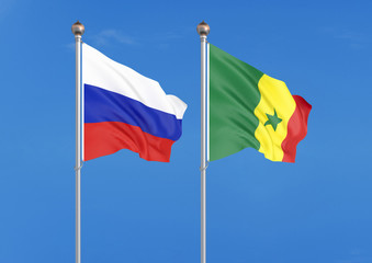 Russia vs Senegal. Thick colored silky flags of Russia and Senegal. 3D illustration on sky background. – Illustration