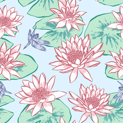 Vector pond seamless pattern with lotus and dragonfly. Waterlily design. Spring design ideal for for wallpaper, print design and wrapping paper.
