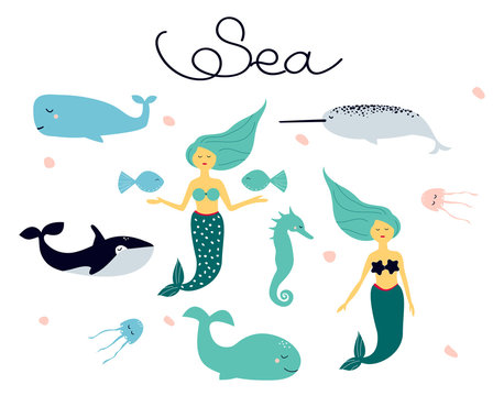 Cute cartoon collection of vector drawings on the theme of sea animals - mermaid; sea horse; the killer whale, narwhal, jellyfish, fish, whale. Art can be used for childish books, placard, postcard.
