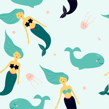 Seamless pattern with swimming mermaid and whales. Fantasy fairy character.