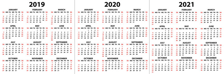 Calendar for 2019, 2020 and 2021 years in English in simple style on a white background. Week starts on Sunday. Vector illustration