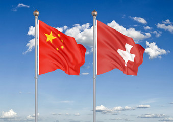 China vs Switzerland. Thick colored silky flags of European Union and Belgium. 3D illustration on sky background. – Illustration