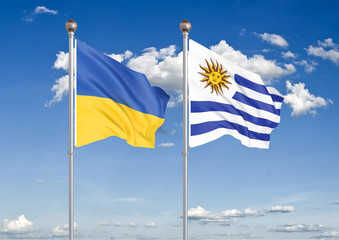 Ukraine vs Uruguay. Thick colored silky flags of Ukraine and Uruguay. 3D illustration on sky background. – Illustration